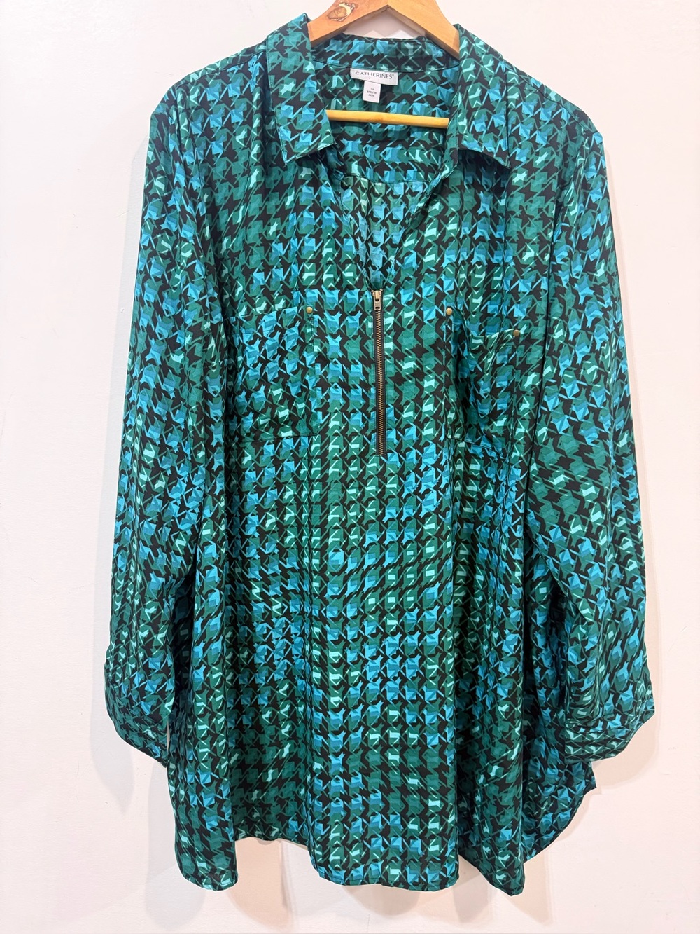 Catherines Teal Black Geometric Zip-Front Spring Tunic Top Size 3X